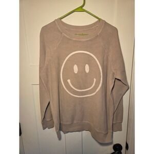 Thread & Supply Smiley Face Waffle Knit Sweatshirt Taupe Tan Raglan XS